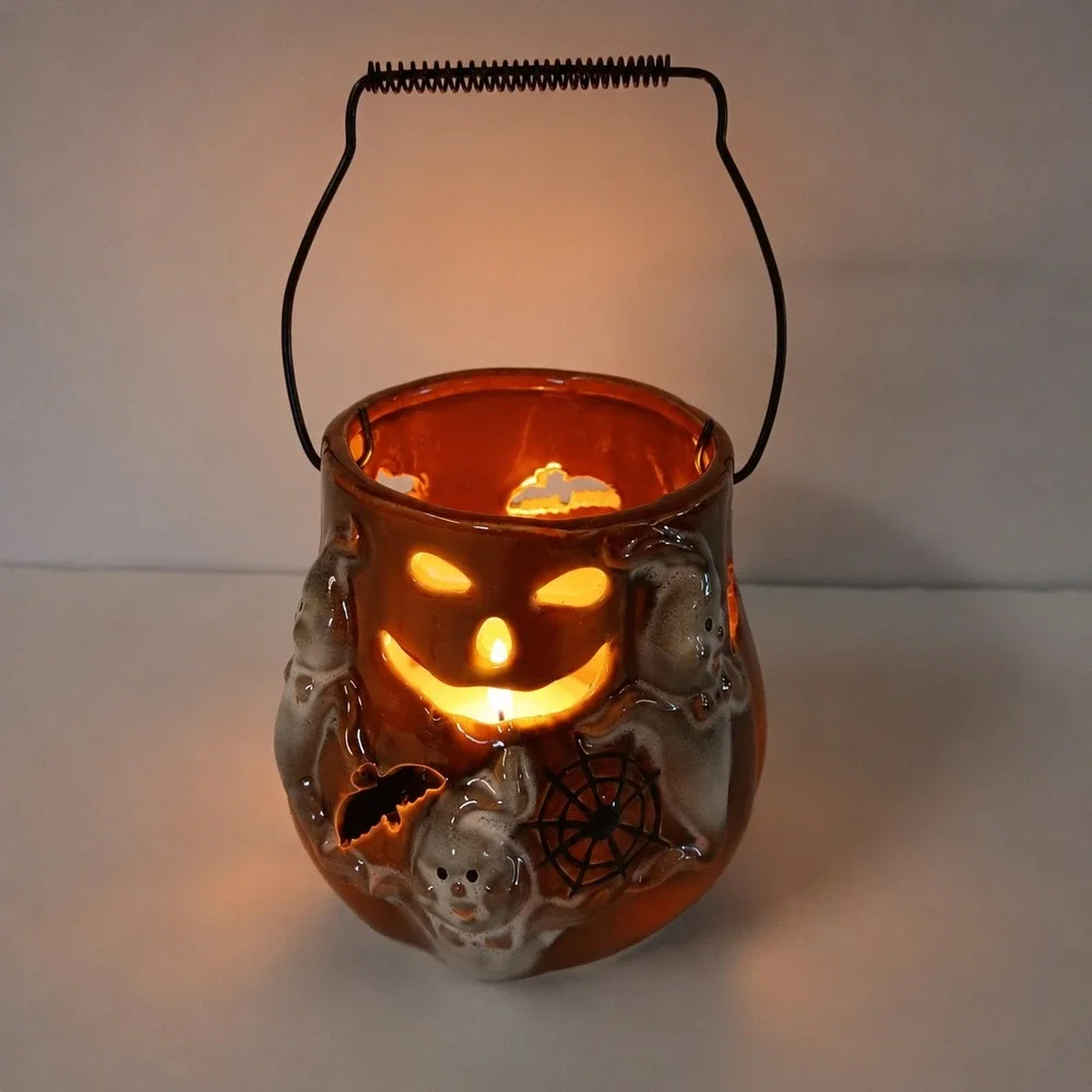 Halloween 3D Ghost Bat Pumpkin Ceramic Candle Holder Lantern Spooky Decor